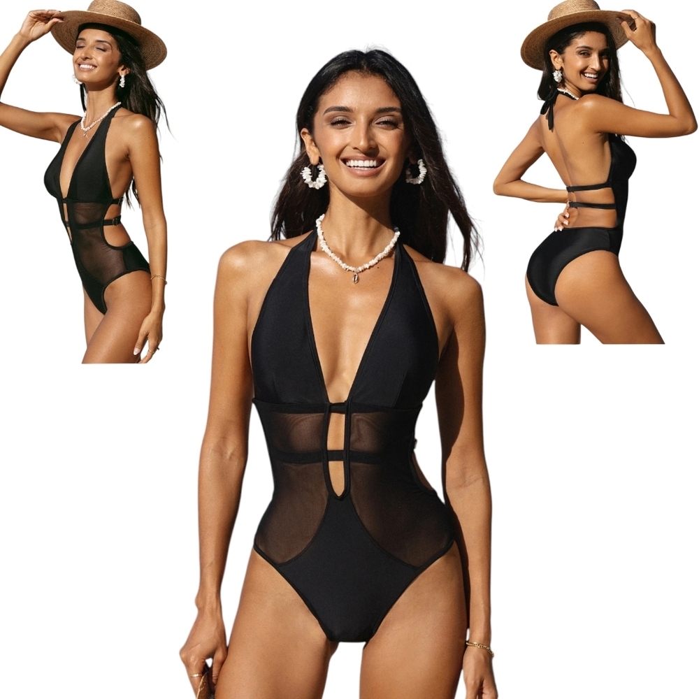 NWT Cupshe Plunging Halter Black Mesh Panelled 1-Piece Open Back Swimsuit Size L